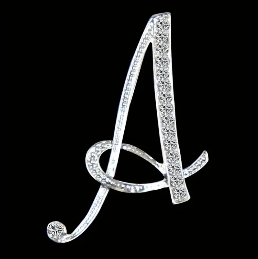 "A" Silver Plate Brooch Inlaid Shiny Rhinestone 2" Brooch